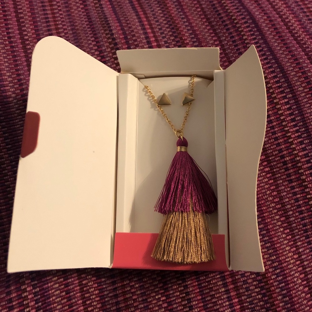 Lily Sky Tassel Long Necklace triangle earring set